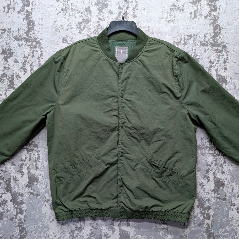 Gap Mens Large Olive Green Breathable Bomber Jacket Snap Front